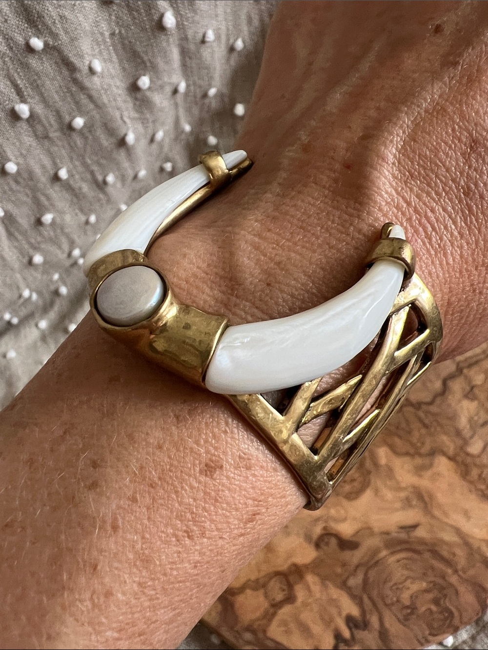 Lucky Brand White and Gold Open Sculptural Cuff Bracelet